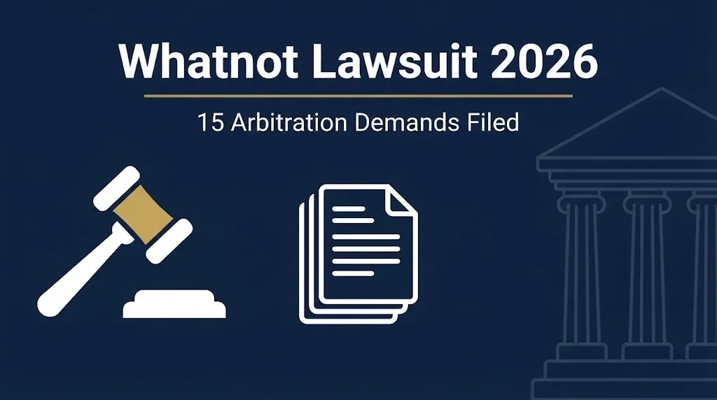 Whatnot lawsuit 2026 infographic banner with gavel and 15 arbitration demands filed