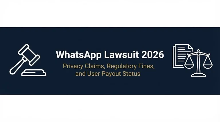 WhatsApp lawsuit 2026 banner with privacy claims and regulatory fines status text.