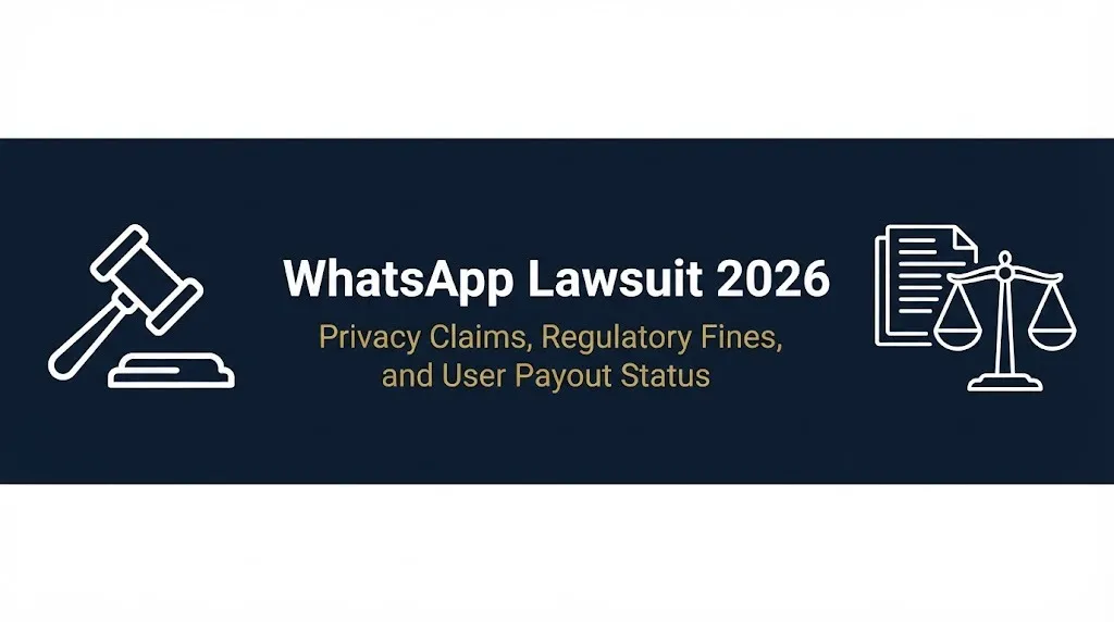 WhatsApp lawsuit 2026 banner with privacy claims and regulatory fines status text.