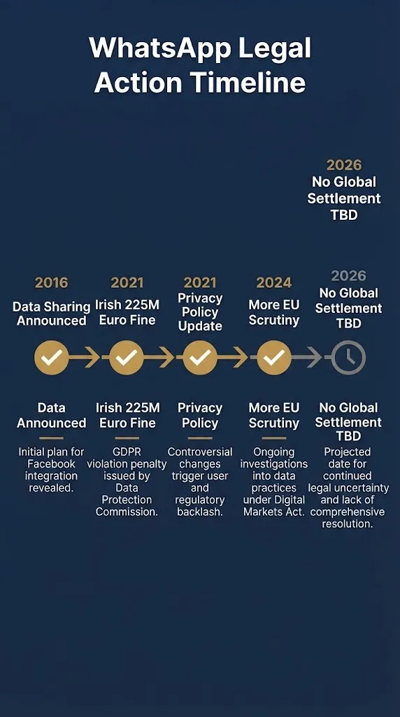 WhatsApp legal action timeline showing key dates from data sharing through 2026 status.
