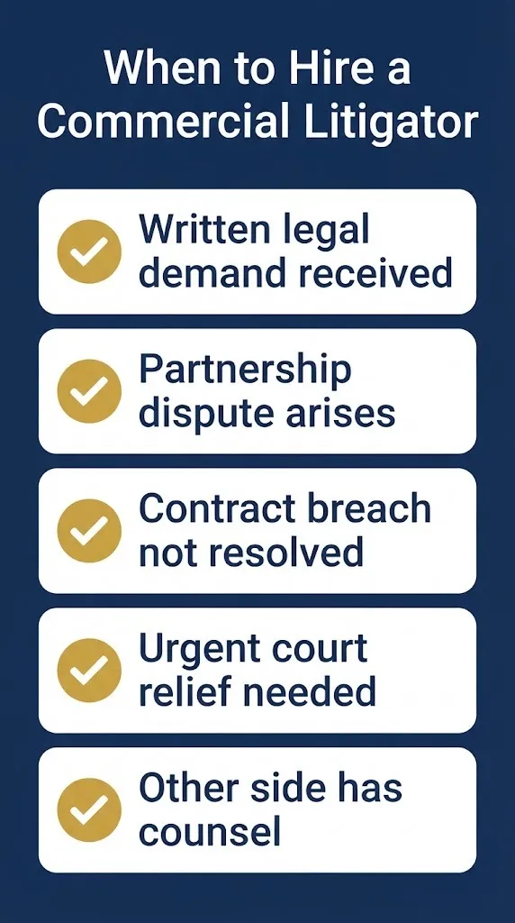When to hire a commercial litigation attorney checklist infographic