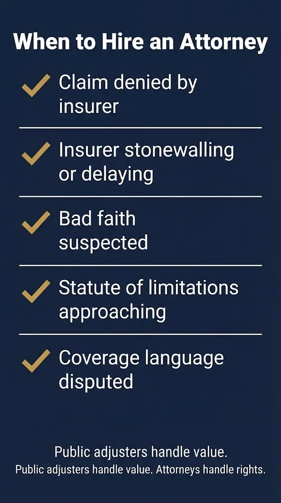 When to hire an insurance litigation attorney checklist for denied or delayed claims.