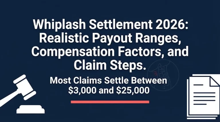 Whiplash settlement 2026 guide showing typical payout range and claim process information.