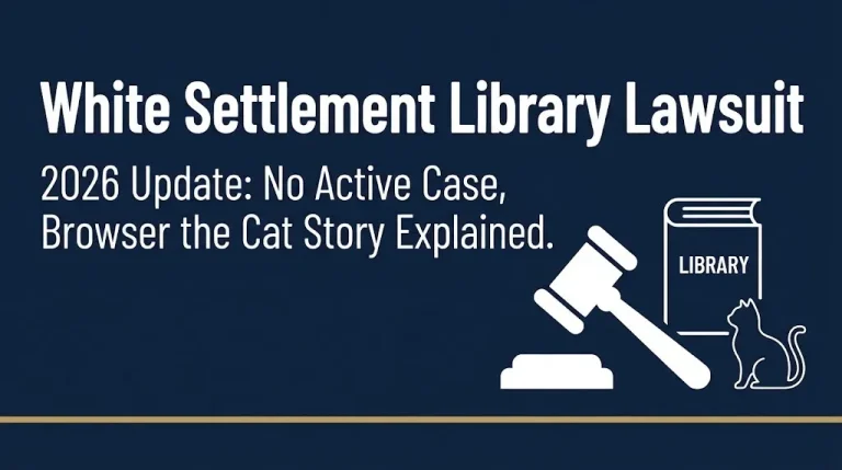 White Settlement Library lawsuit 2026 hero banner with gavel, book, and cat icons on navy background.