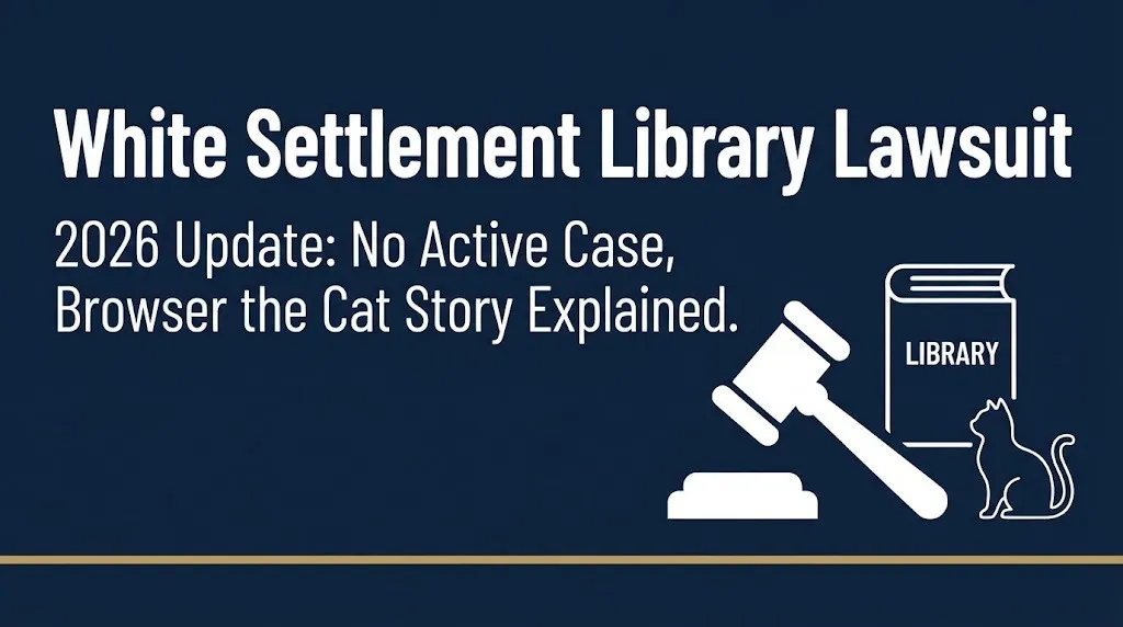 White Settlement Library lawsuit 2026 hero banner with gavel, book, and cat icons on navy background.