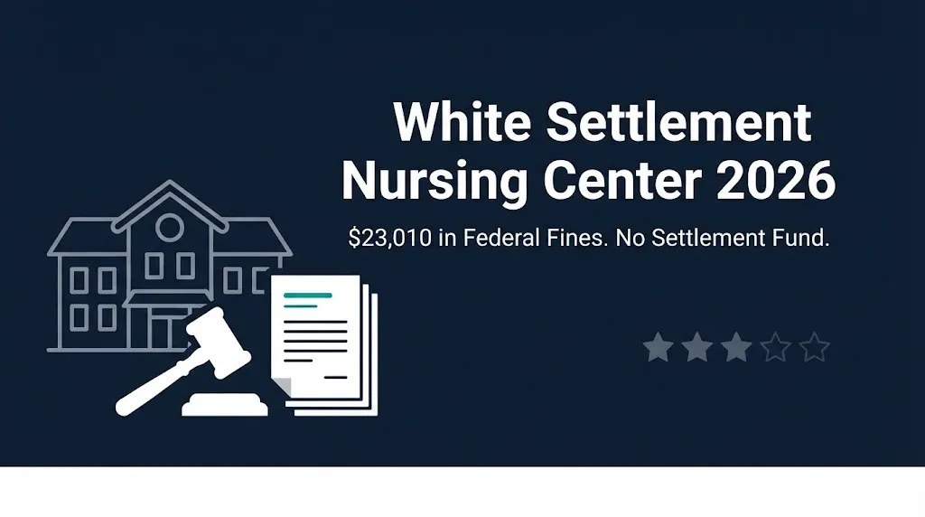 White Settlement Nursing Center 2026 banner showing $23,010 in federal fines and no settlement fund