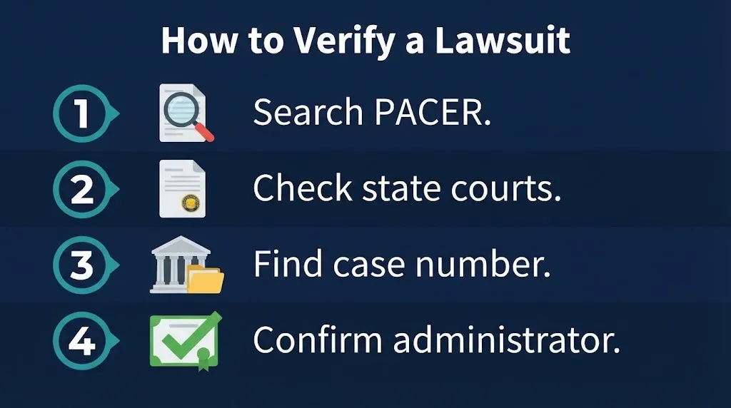 William McNeil Jr lawsuit verification steps showing PACER search and court record checks.