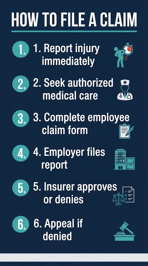 Worker compensation claim filing steps graphic showing six-step process from report to appeal