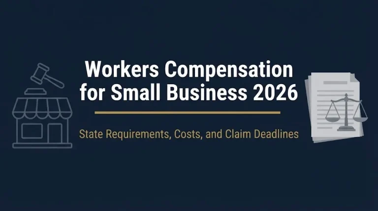 Workers Compensation for Small Business 2026 banner showing storefront, gavel, and status line about state requirements.