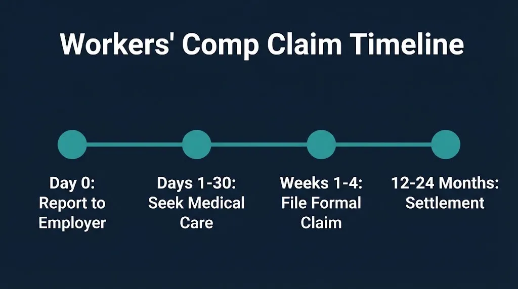 Workers comp claim timeline showing notice deadline and settlement stages