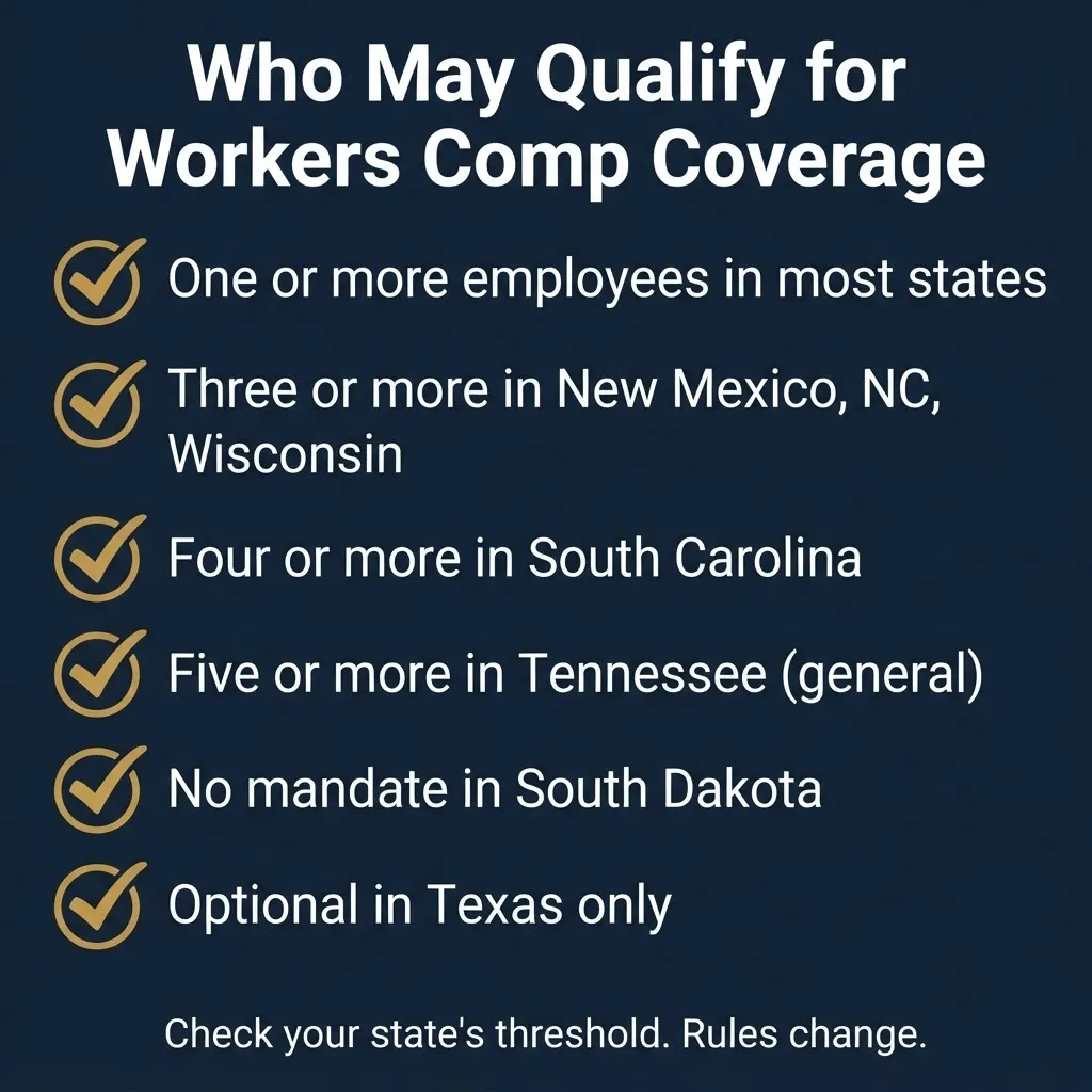 Workers comp insurance by state eligibility checklist showing employee thresholds for coverage requirements.