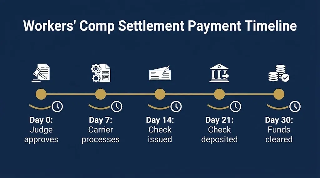 Workers comp settlement payment timeline from judge approval to funds cleared.