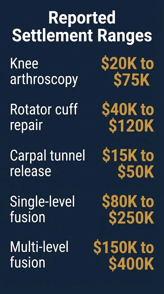 Workers comp surgery settlement ranges by body part showing knee, shoulder, wrist, and spine fusion payouts