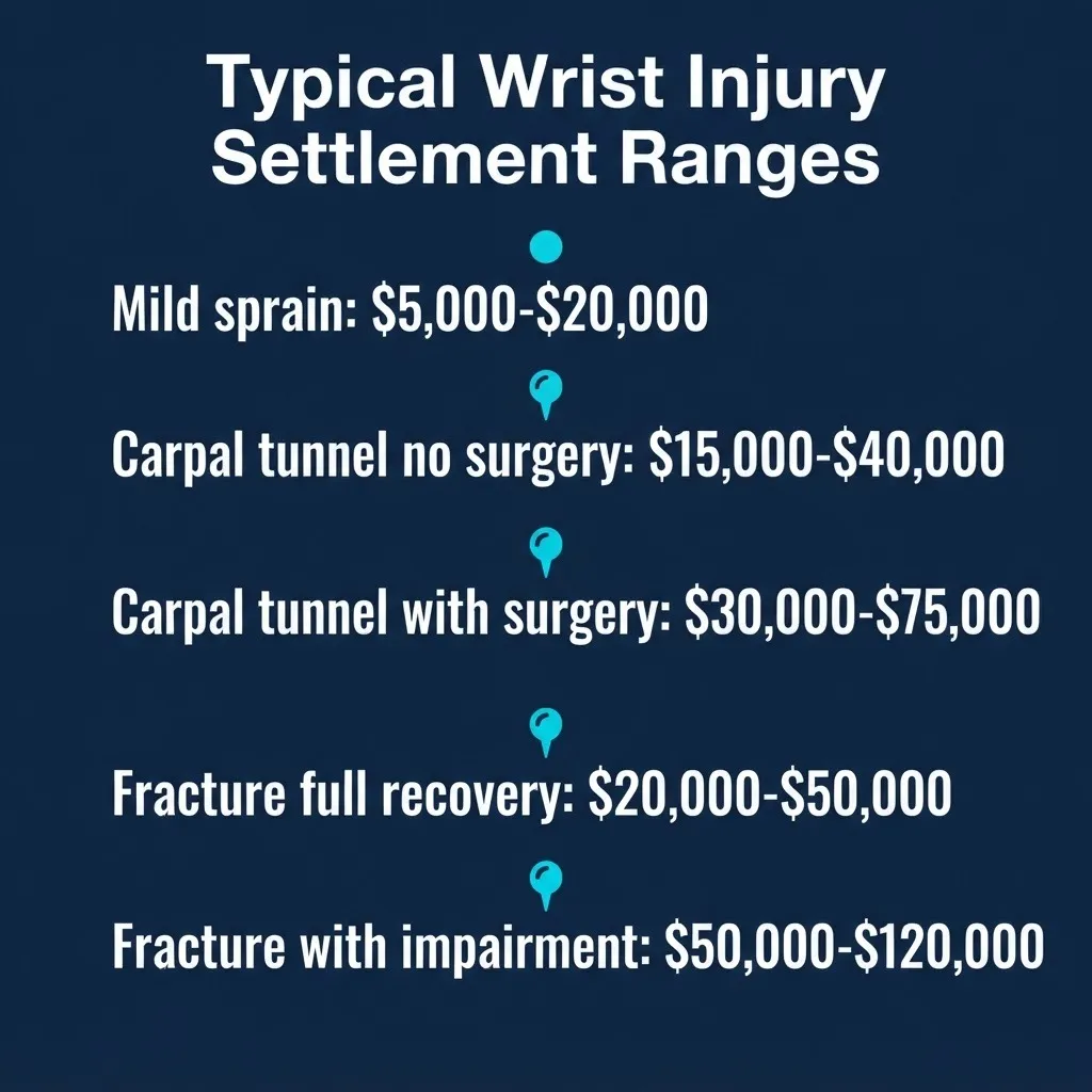Workers comp wrist injury settlement ranges showing typical payout tiers from mild sprain to permanent impairment.