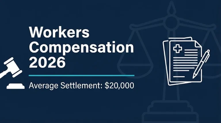 Workers compensation 2026 hero banner showing average settlement of $20,000 and legal symbols.