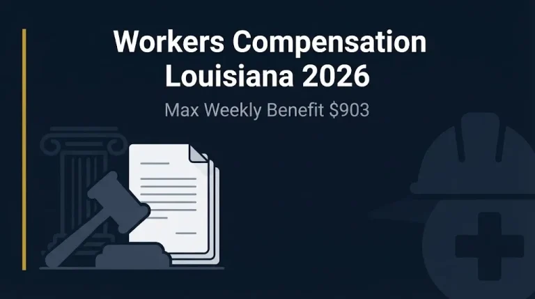 Workers compensation Louisiana 2026 banner showing $903 max weekly benefit and legal news design.