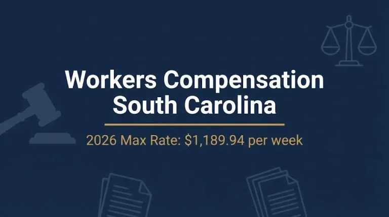 Workers compensation South Carolina 2026 banner showing max weekly rate of $1,189.94 with legal symbols.