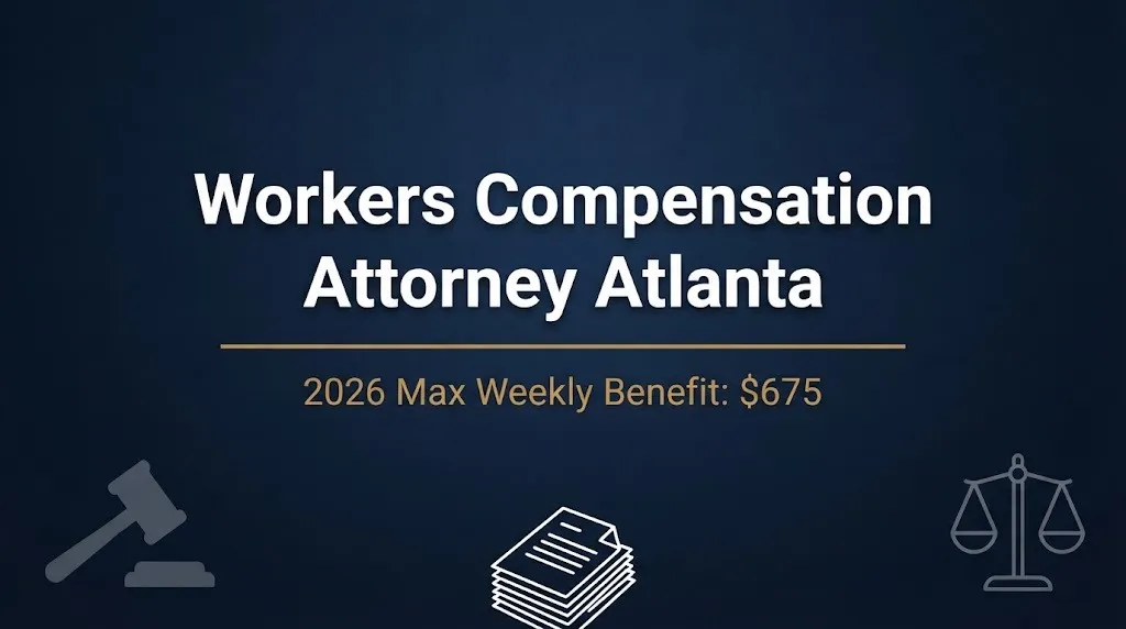 Workers compensation attorney Atlanta 2026 banner showing max weekly benefit of $675.