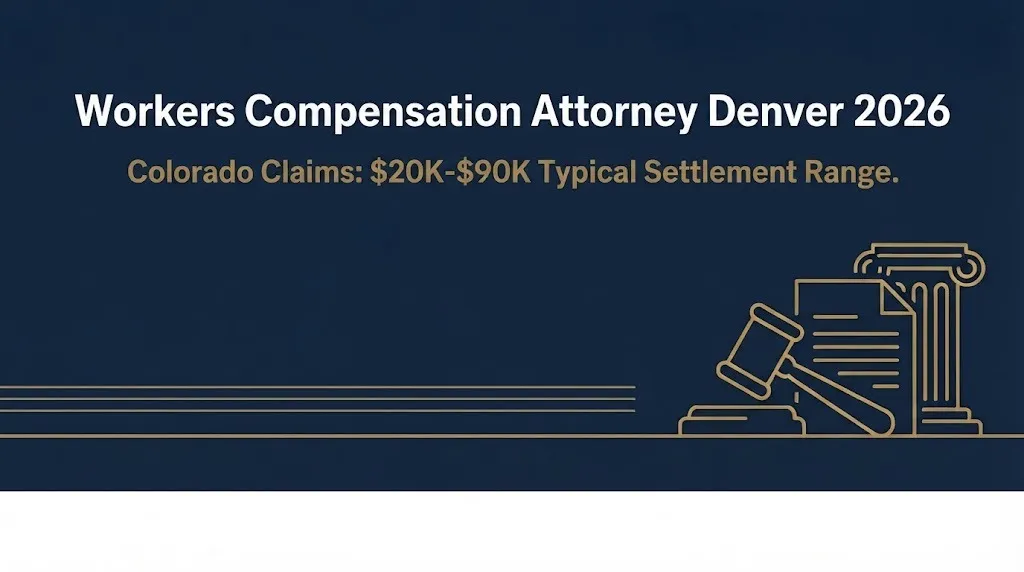 Workers compensation attorney Denver 2026 banner showing typical Colorado settlement range of twenty to ninety thousand dollars.
