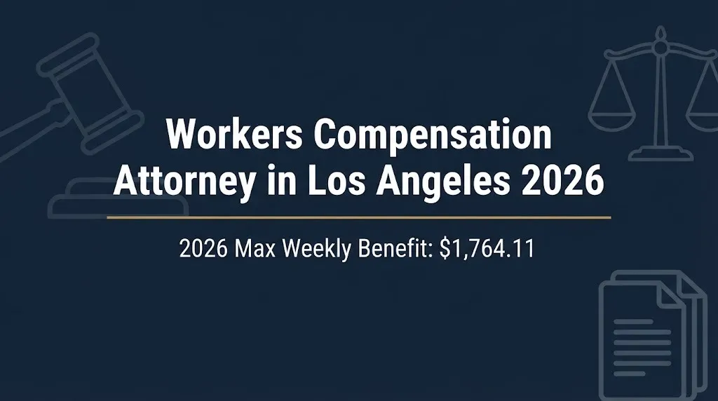 Workers compensation attorney in Los Angeles 2026 banner with 2026 max weekly benefit of $1,764.11