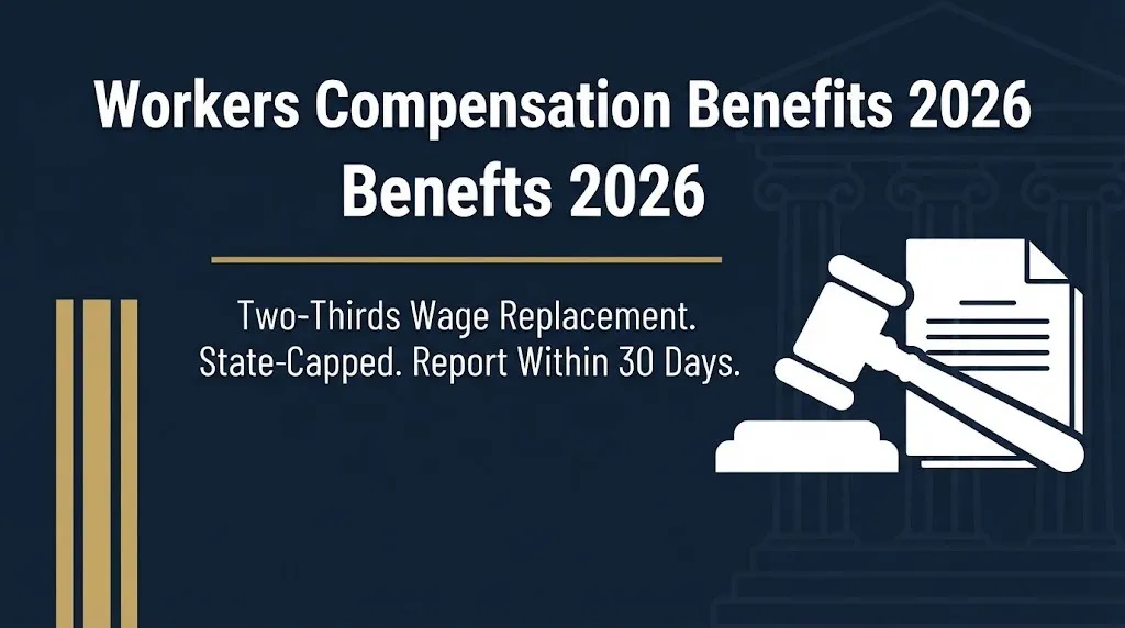 Workers compensation benefits 2026 banner showing two-thirds wage replacement and 30 day reporting deadline.
