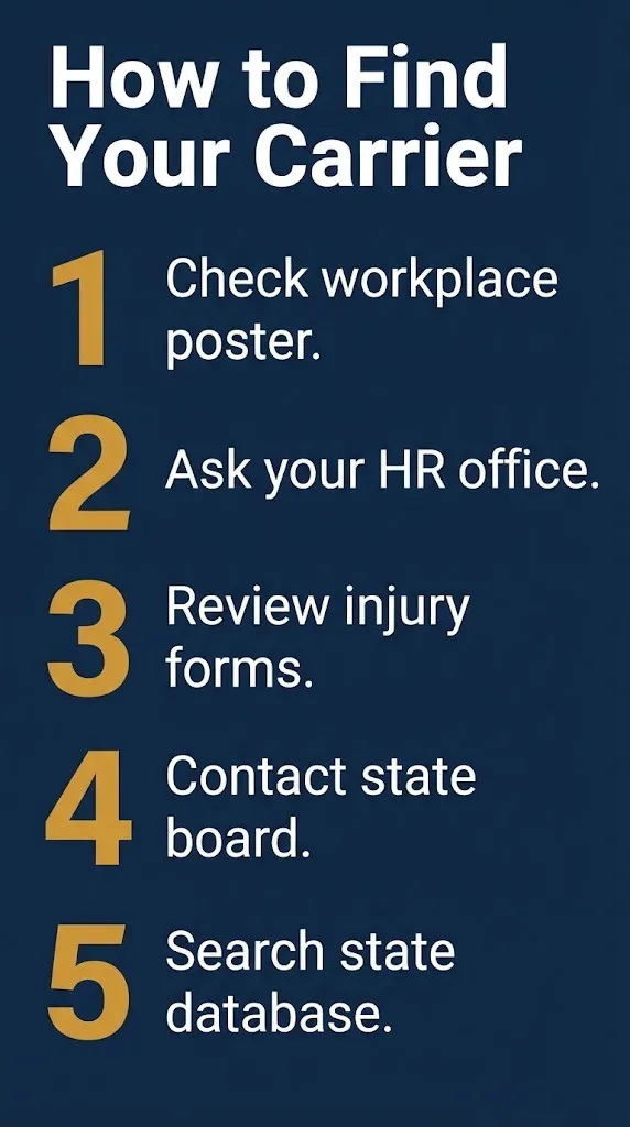Workers compensation carrier lookup steps with five actions on navy infographic