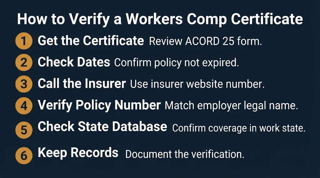Workers compensation certificate verification steps showing call insurer and check state database actions.