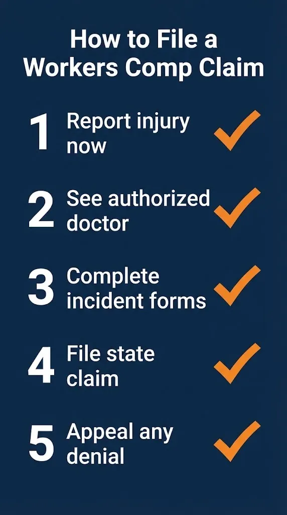 Workers compensation claim filing steps showing injury reporting, doctor visits, forms, state filing, and appeals.