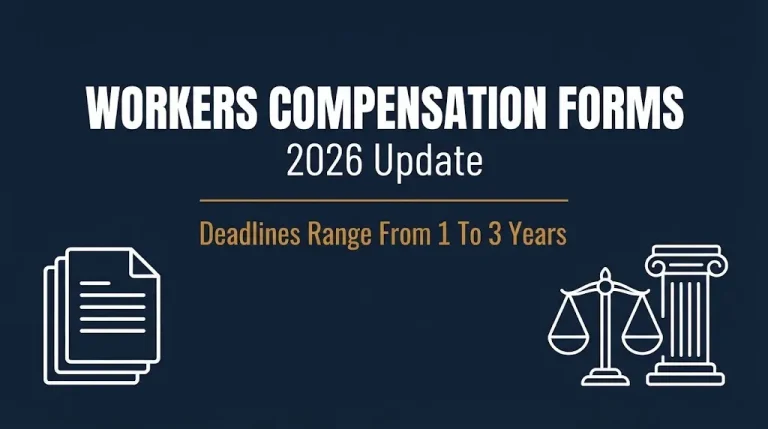 Workers compensation forms 2026 banner noting filing deadlines that range from one to three years by state.