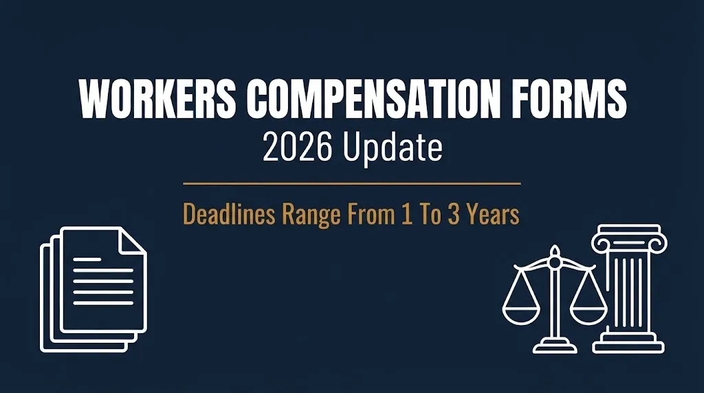 Workers compensation forms 2026 banner noting filing deadlines that range from one to three years by state.