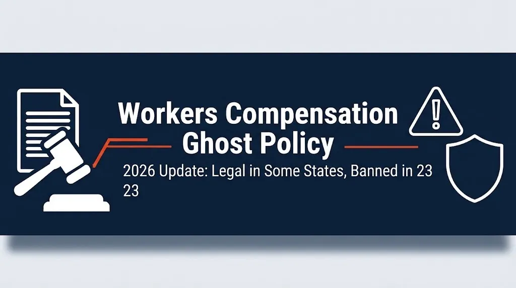 Workers compensation ghost policy 2026 banner with gavel icon and Banned in 23 States notice.