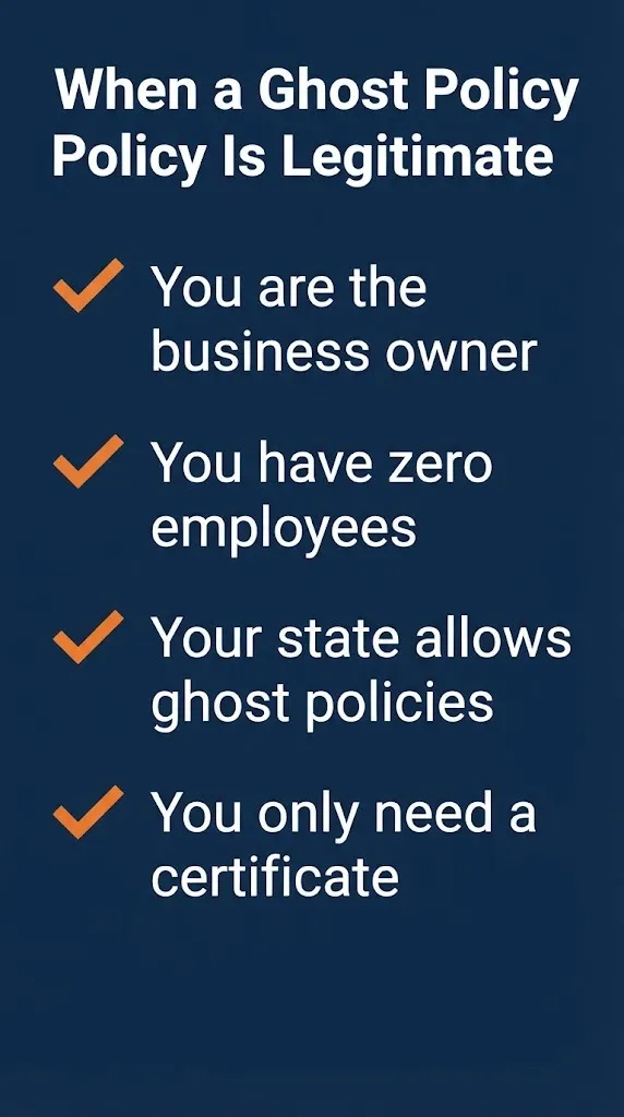 Workers compensation ghost policy eligibility checklist showing four conditions for legal use.