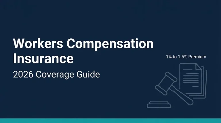 Workers compensation insurance 2026 guide banner with premium range and gavel icon.