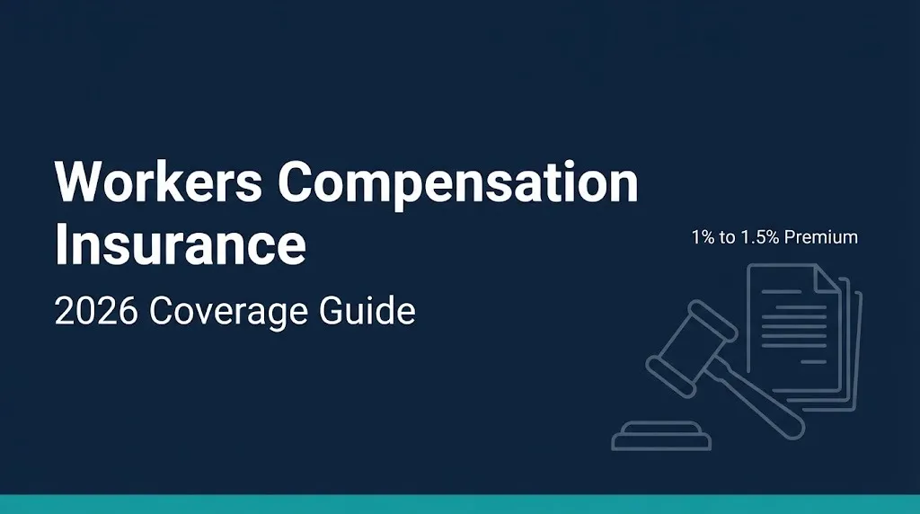 Workers compensation insurance 2026 guide banner with premium range and gavel icon.