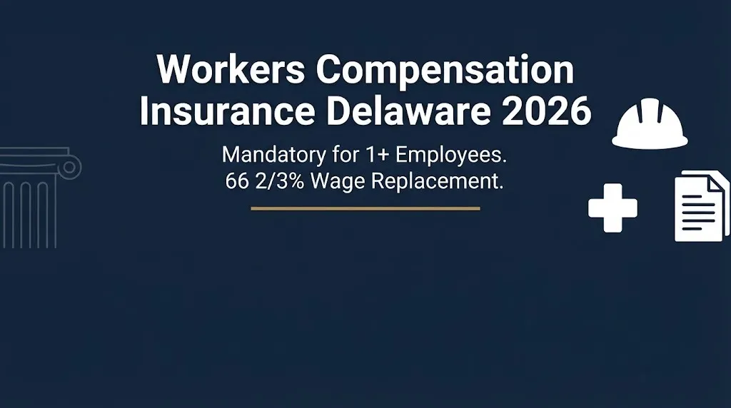 Workers compensation insurance Delaware 2026 banner showing mandatory coverage and wage replacement rate.