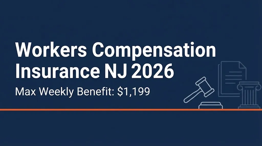 Workers compensation insurance NJ 2026 banner with max weekly benefit of $1,199 and gavel graphic.