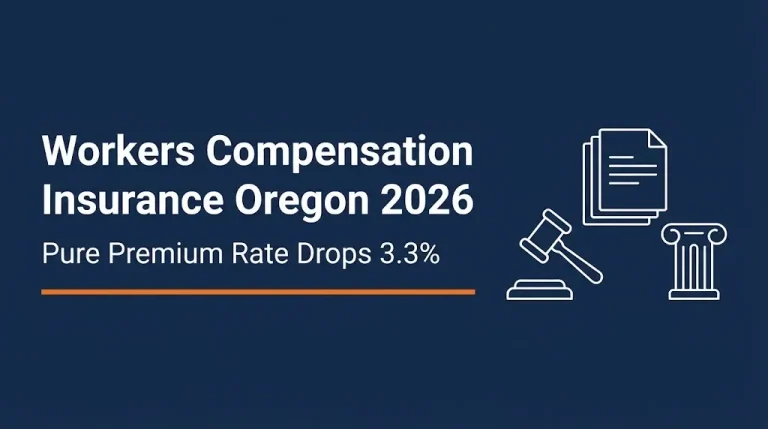 Workers compensation insurance Oregon 2026 banner with 3.3% rate decrease and gavel graphic.