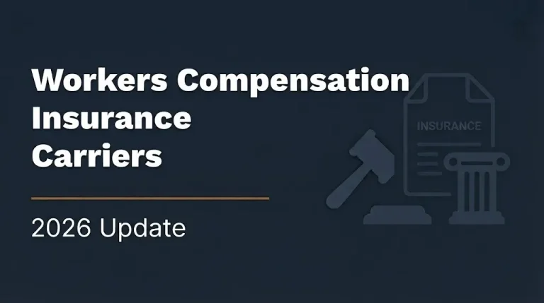 Workers compensation insurance carriers 2026 banner with gavel and insurance document illustration on navy background