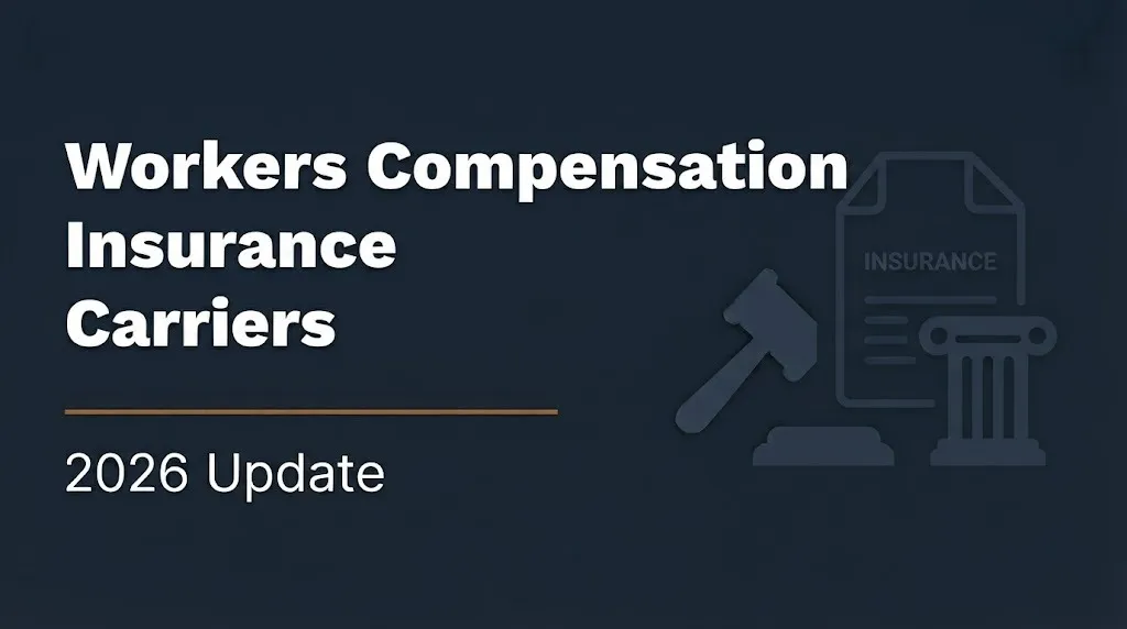 Workers compensation insurance carriers 2026 banner with gavel and insurance document illustration on navy background
