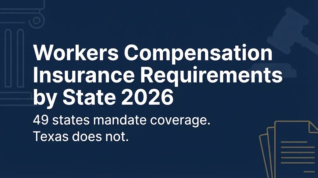 Workers compensation insurance requirements by state 2026 hero banner with headline and Texas exception note.