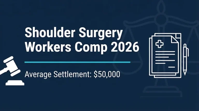 Workers compensation shoulder surgery settlement 2026 banner with average payout of $50,000.