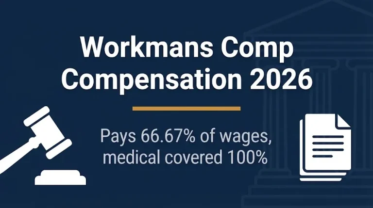 Workmans comp compensation 2026 banner showing wage replacement and medical coverage.