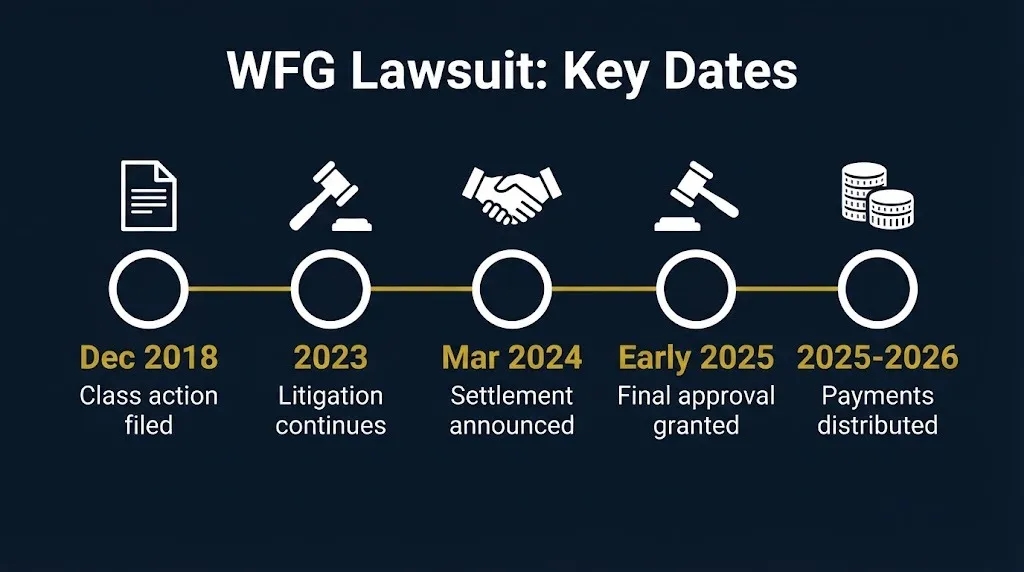 World Financial Group lawsuit timeline showing key dates from 2018 filing through 2025-2026 settlement payment distribution.