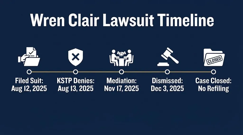 Wren Clair lawsuit timeline showing filing in August 2025 and dismissal in December 2025