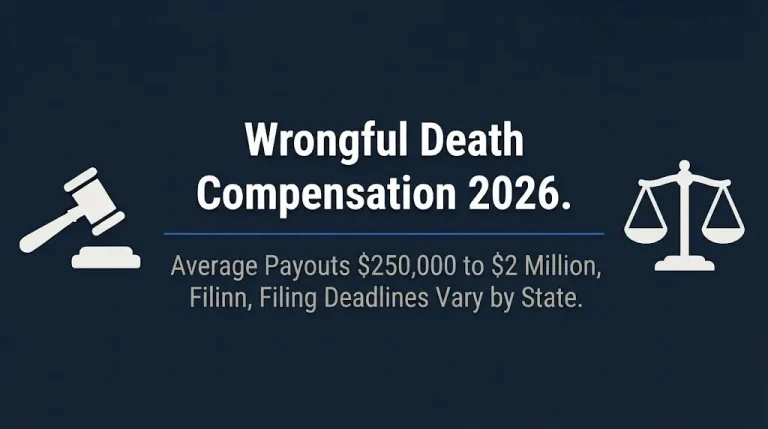 Wrongful death compensation 2026 banner showing average payouts and state filing deadlines.