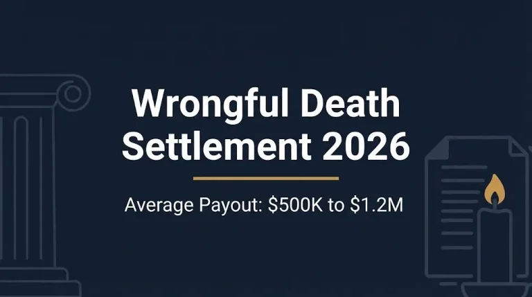 Wrongful death settlement 2026 banner with average payout range and courthouse imagery.
