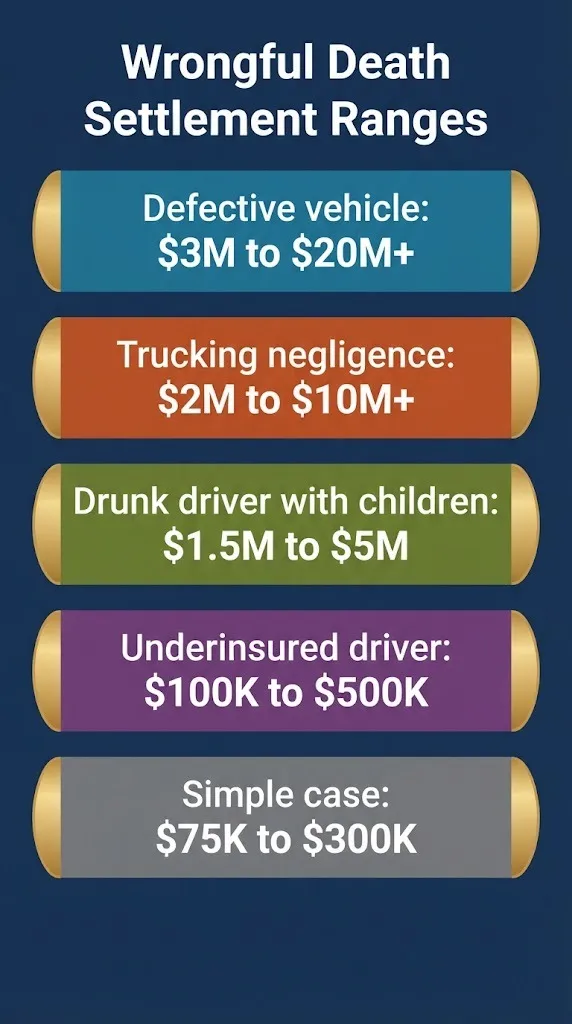Wrongful death settlement payout tiers by case type ranging from $75K to $20M+.