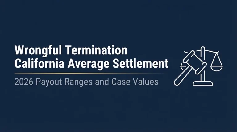 Wrongful termination California average settlement 2026 payout ranges and case values banner.