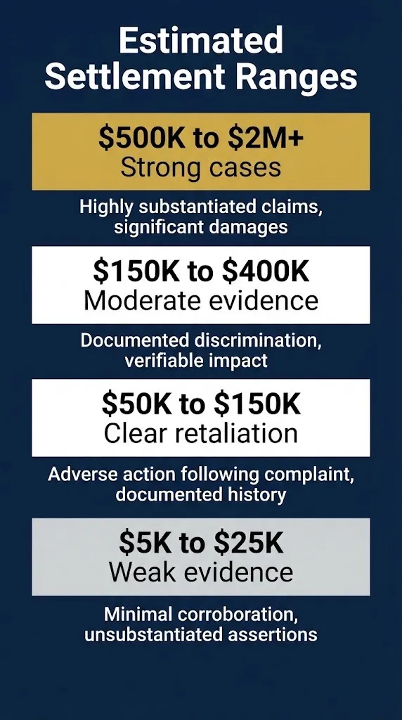 Wrongful termination California settlement payout ranges from weak to strong cases.