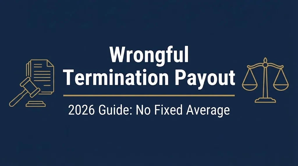 Wrongful termination lawsuit payout 2026 guide showing no fixed average with legal icons.